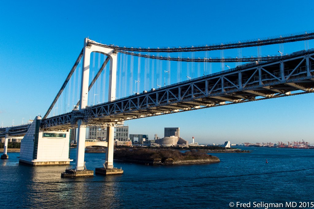 20150311_170854 D4S.jpg - Rainbow bridge is a suspension bridge crossing Tokyo Bay and was built 1987-1993.The towers supporting the bridge are white in color, designed to harmonize with the skyline. Lamps illuminate the bridge into three different colors, red, white and green every night using solar energy obtained during the day.